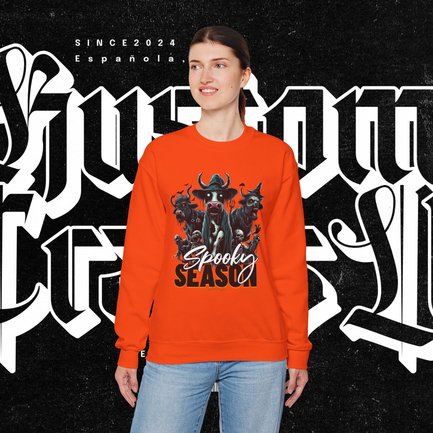 Spooky Cow Season Crewneck Sweatshirt, Halloween Apparel, Unisex Halloween Sweatshirt, Cozy Fall Fashion, Unique Gift Idea