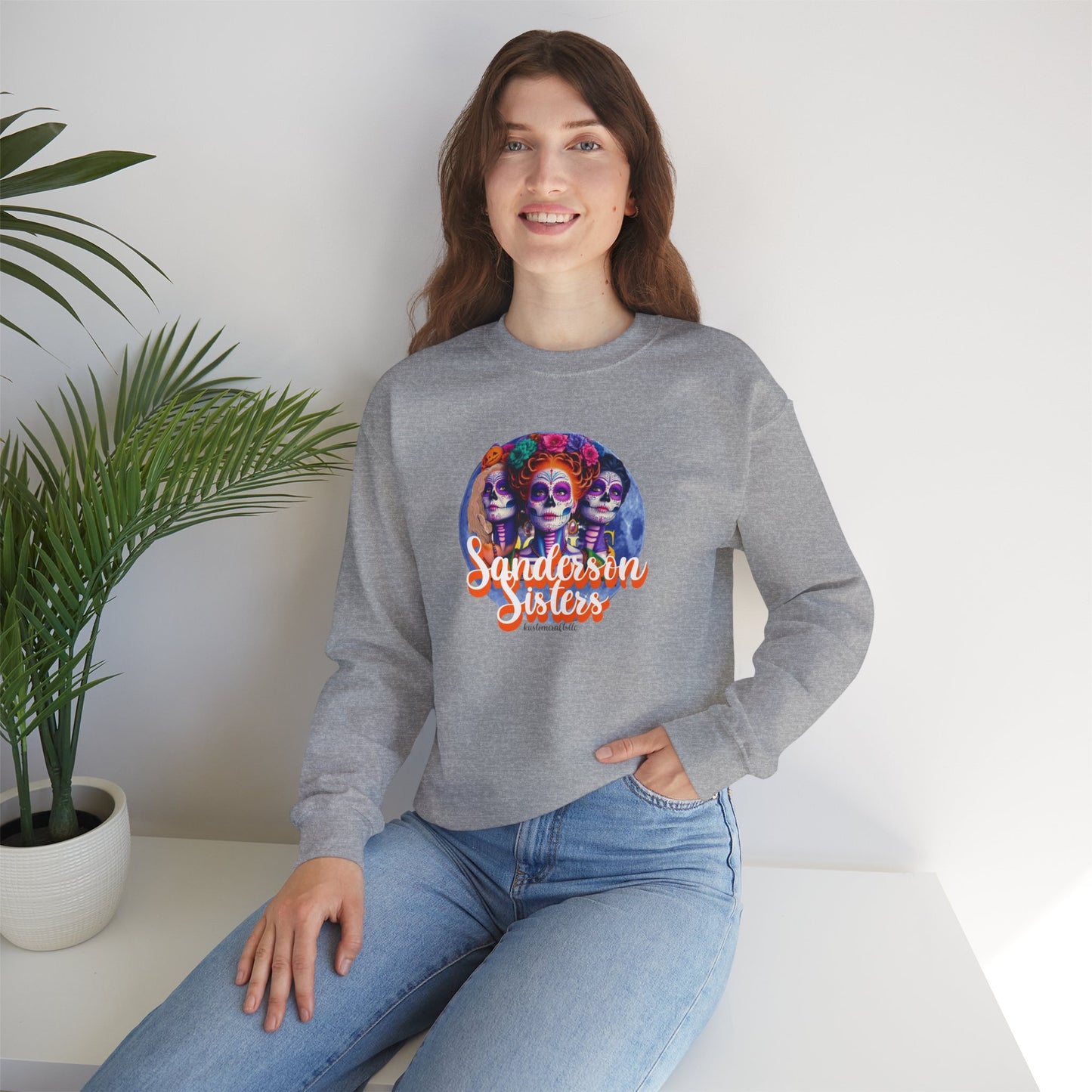Sanderson Sisters Day of the Dead Crewneck Sweatshirt, Cozy Sweatshirt for Fall, Halloween Outfit, Gift for Sister, Skull Art Apparel
