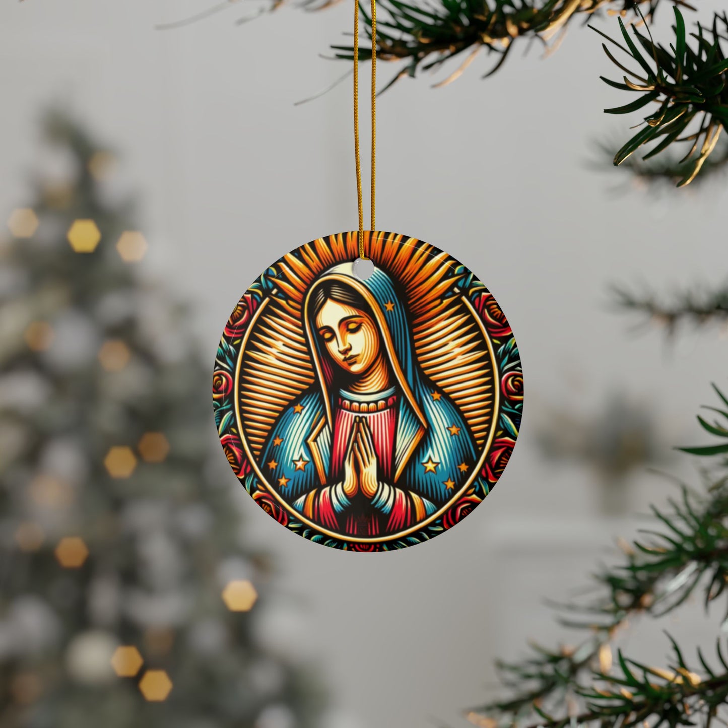 Virgin De Guadalupe Vibrant Ceramic Ornaments - Unique Two-Sided Holiday Decor, Beautiful Gifts for Christmas, Housewarming, and Religious Celebrations.
