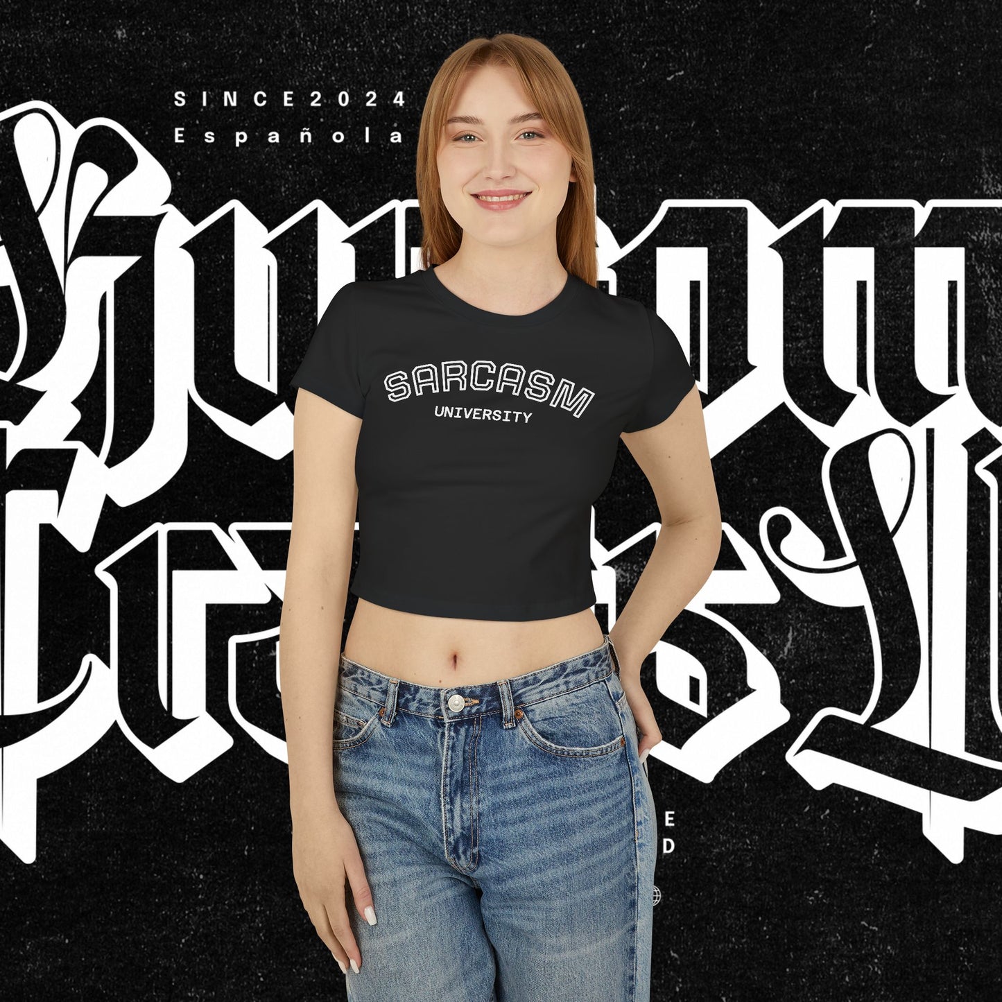 Sarcasm University Women's Baby Tee - Fun Humor T-Shirt, Gift for Friends, Cute Casual Top, College Style, Perfect Birthday Gift