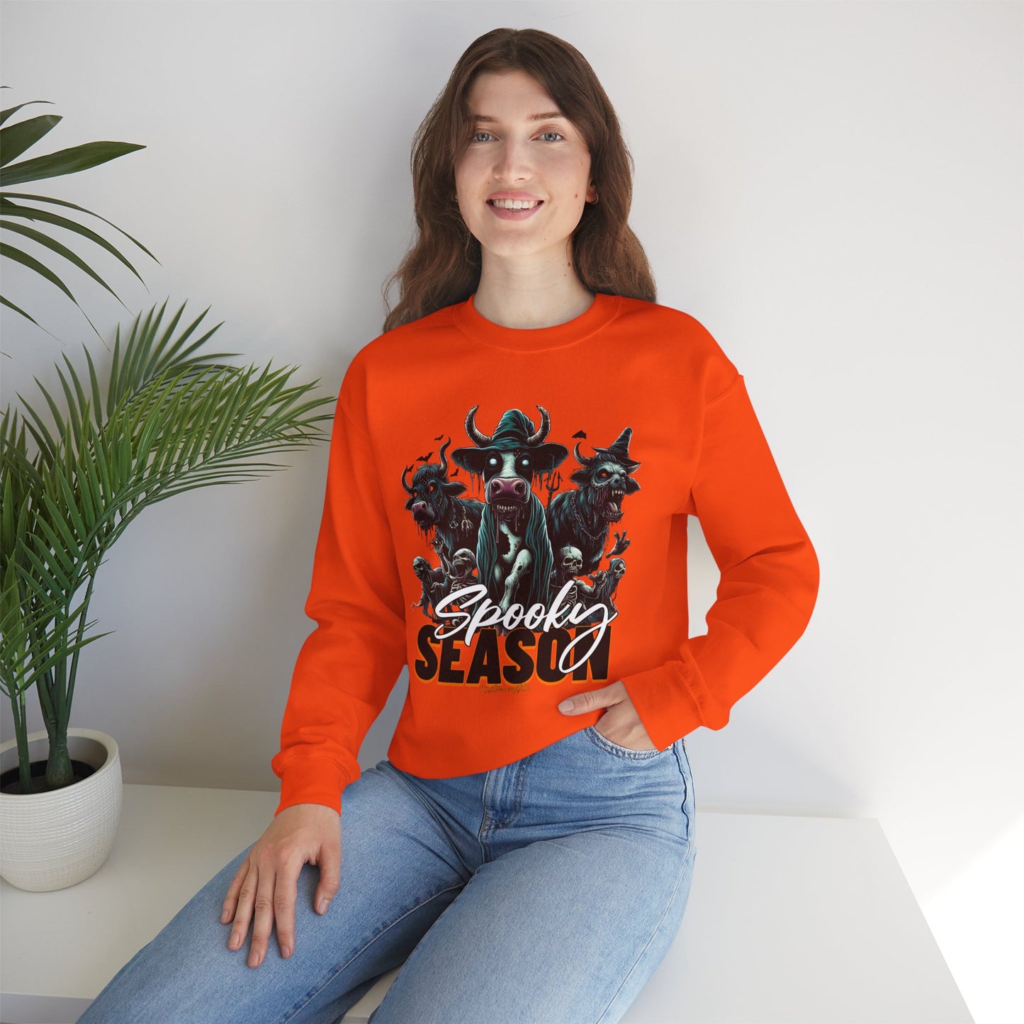 Spooky Cow Season Crewneck Sweatshirt, Halloween Apparel, Unisex Halloween Sweatshirt, Cozy Fall Fashion, Unique Gift Idea