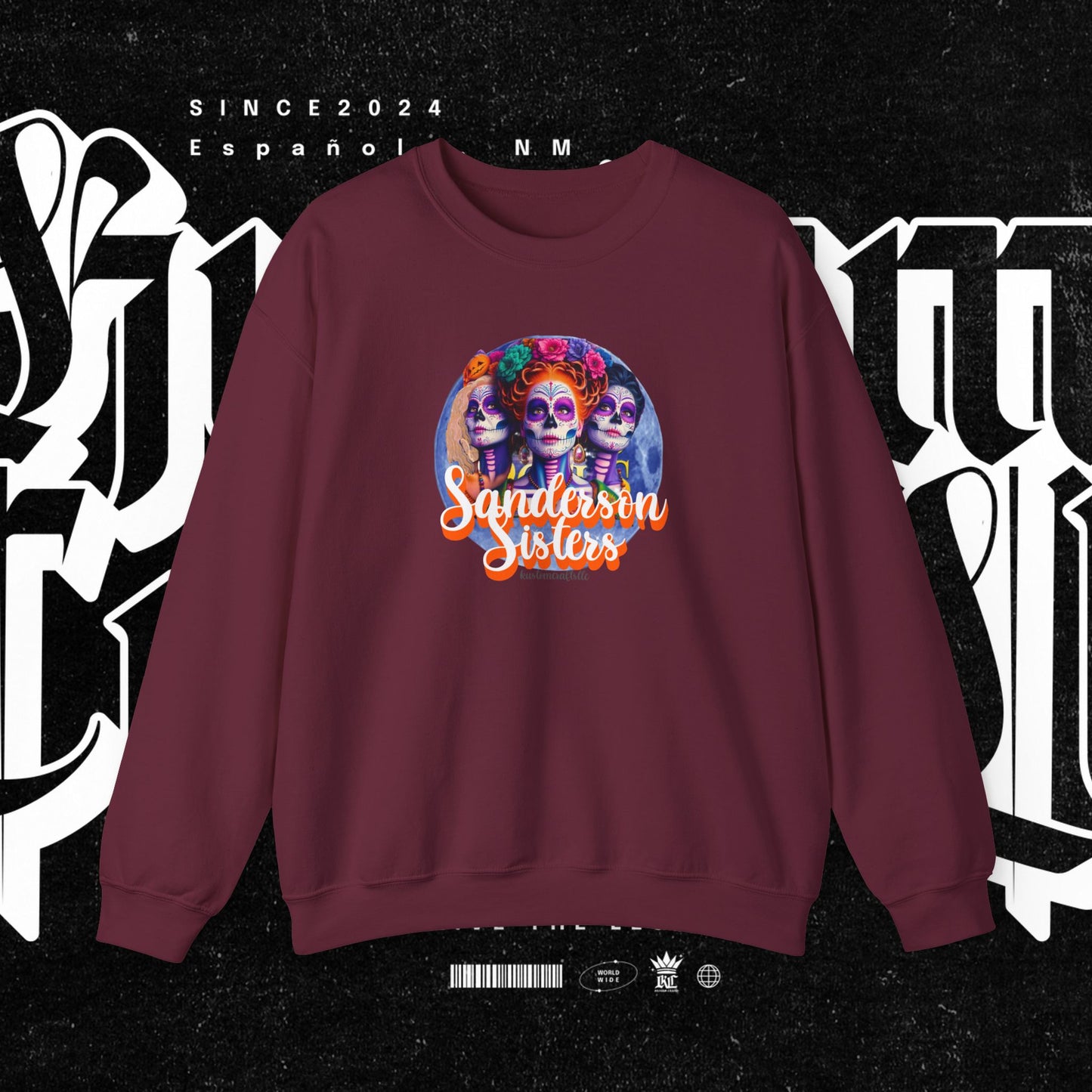 Sanderson Sisters Day of the Dead Crewneck Sweatshirt, Cozy Sweatshirt for Fall, Halloween Outfit, Gift for Sister, Skull Art Apparel