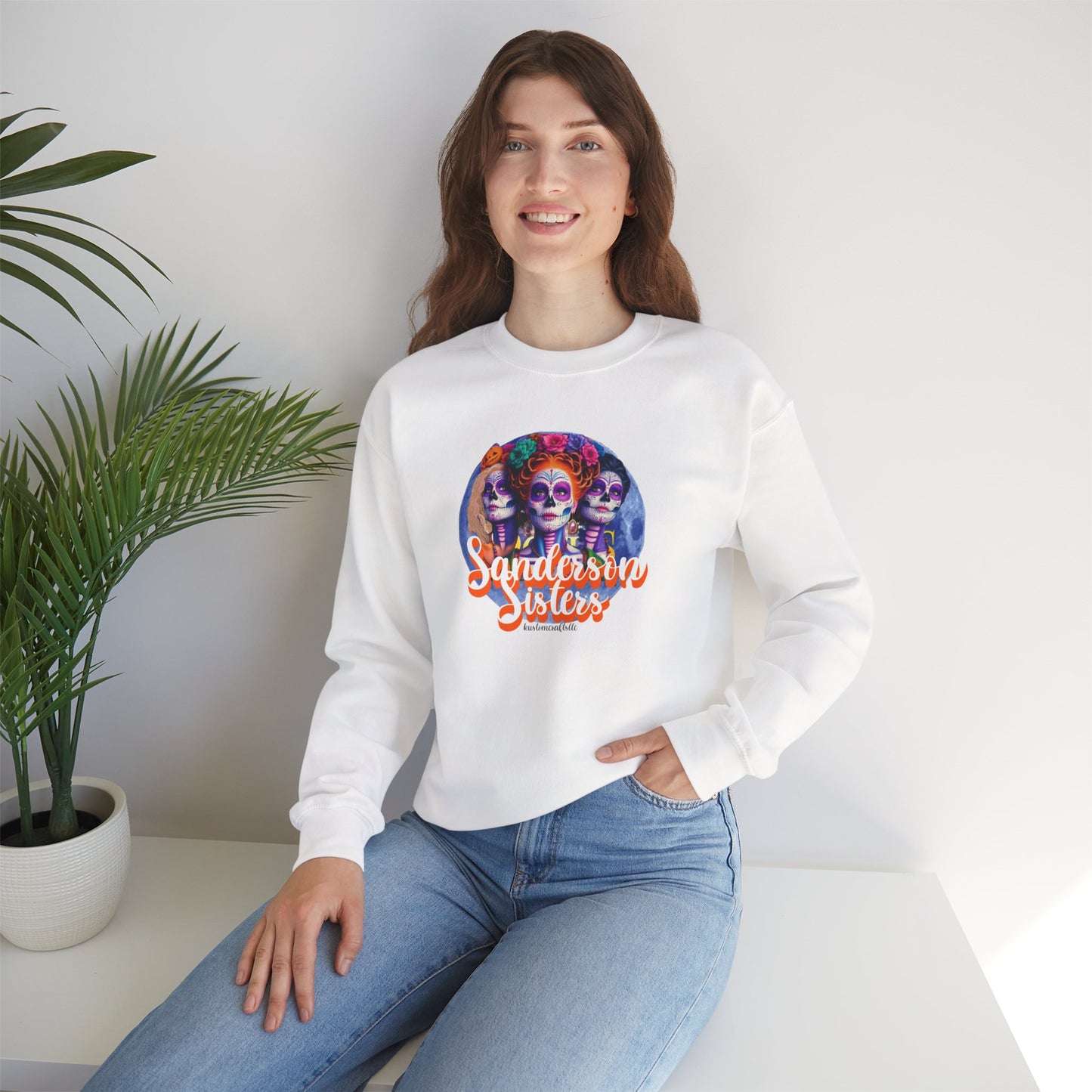 Sanderson Sisters Day of the Dead Crewneck Sweatshirt, Cozy Sweatshirt for Fall, Halloween Outfit, Gift for Sister, Skull Art Apparel