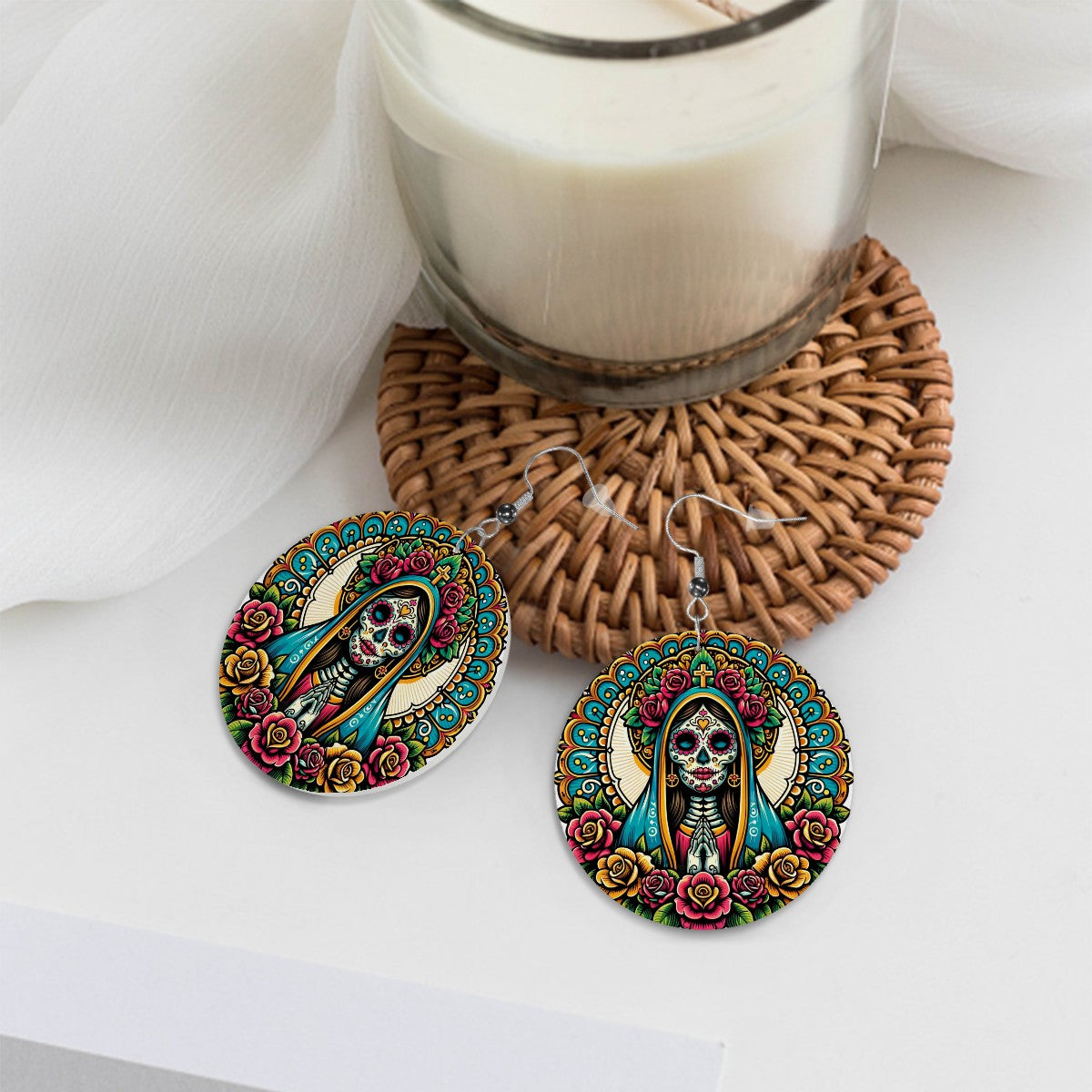 Dia De Los Muertos Virgen - Leather Round Earrings