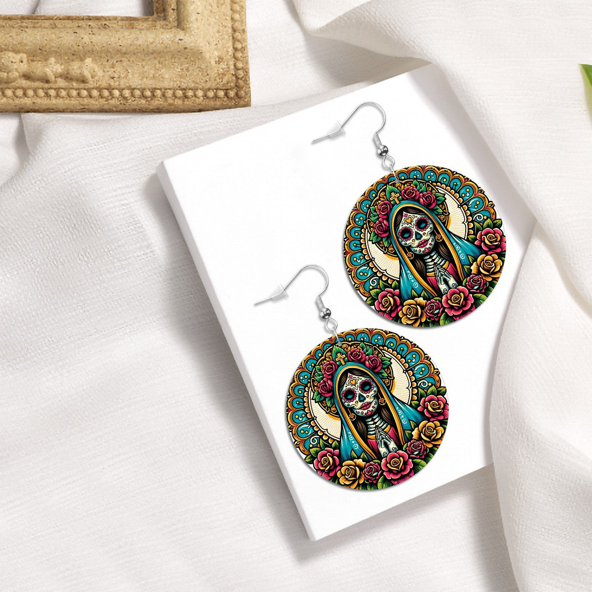 Dia De Los Muertos Virgen - Leather Round Earrings