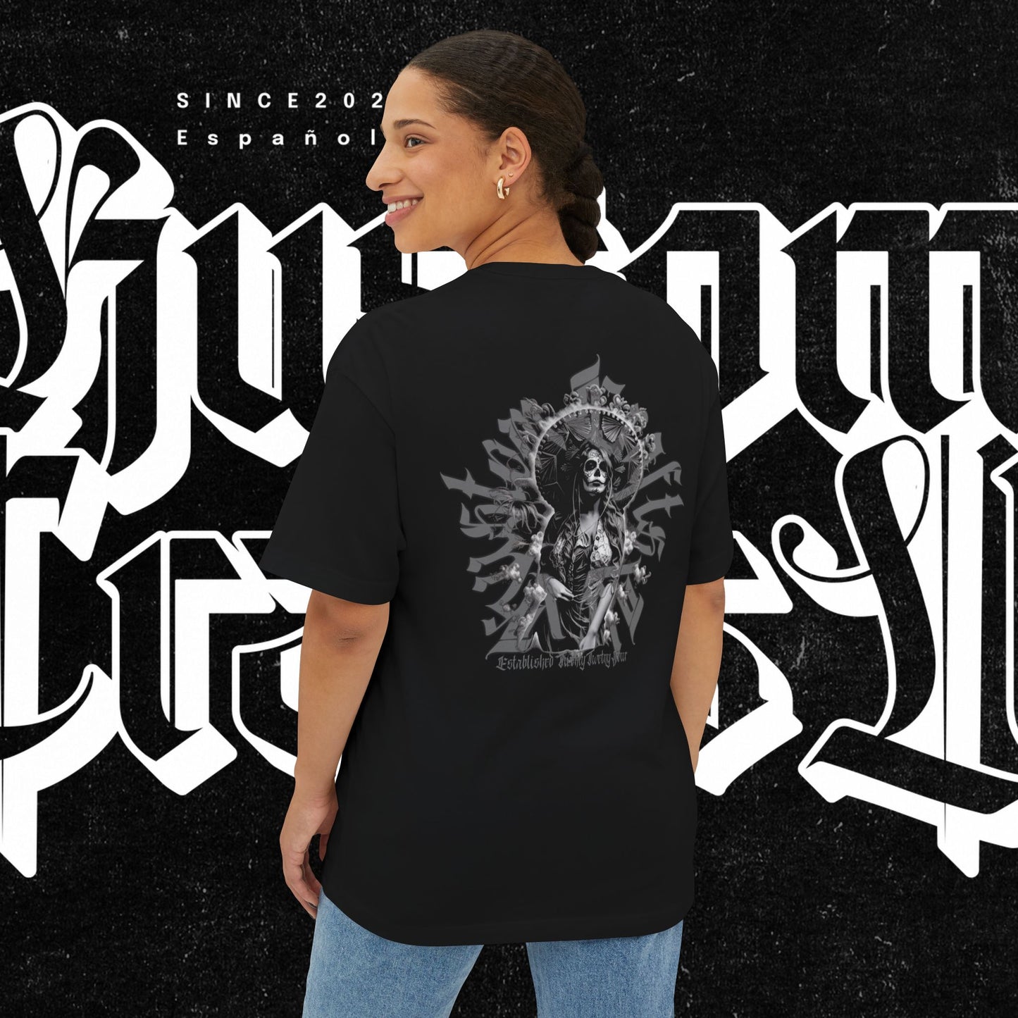 Dia De Los Muertos Oversized Boxy Tee - Gray Wash