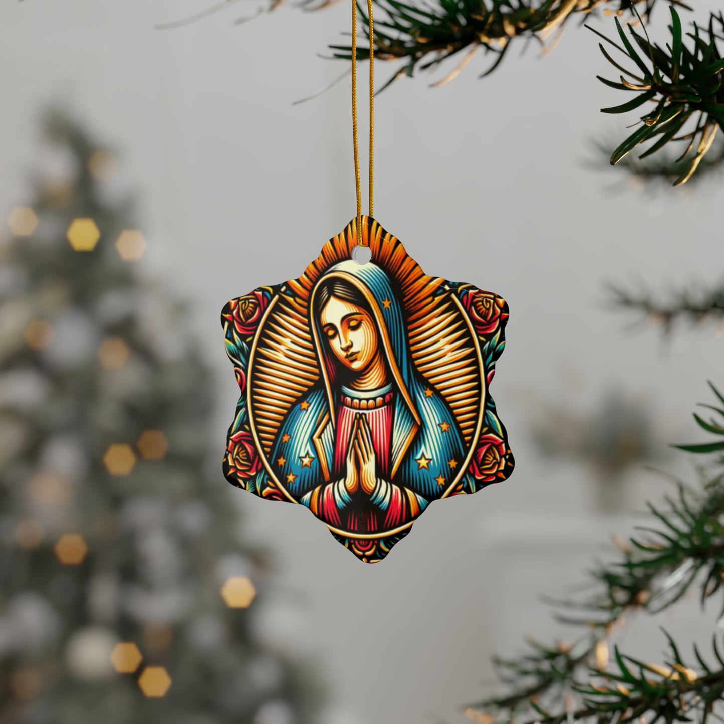 Virgin De Guadalupe Vibrant Ceramic Ornaments - Unique Two-Sided Holiday Decor, Beautiful Gifts for Christmas, Housewarming, and Religious Celebrations.