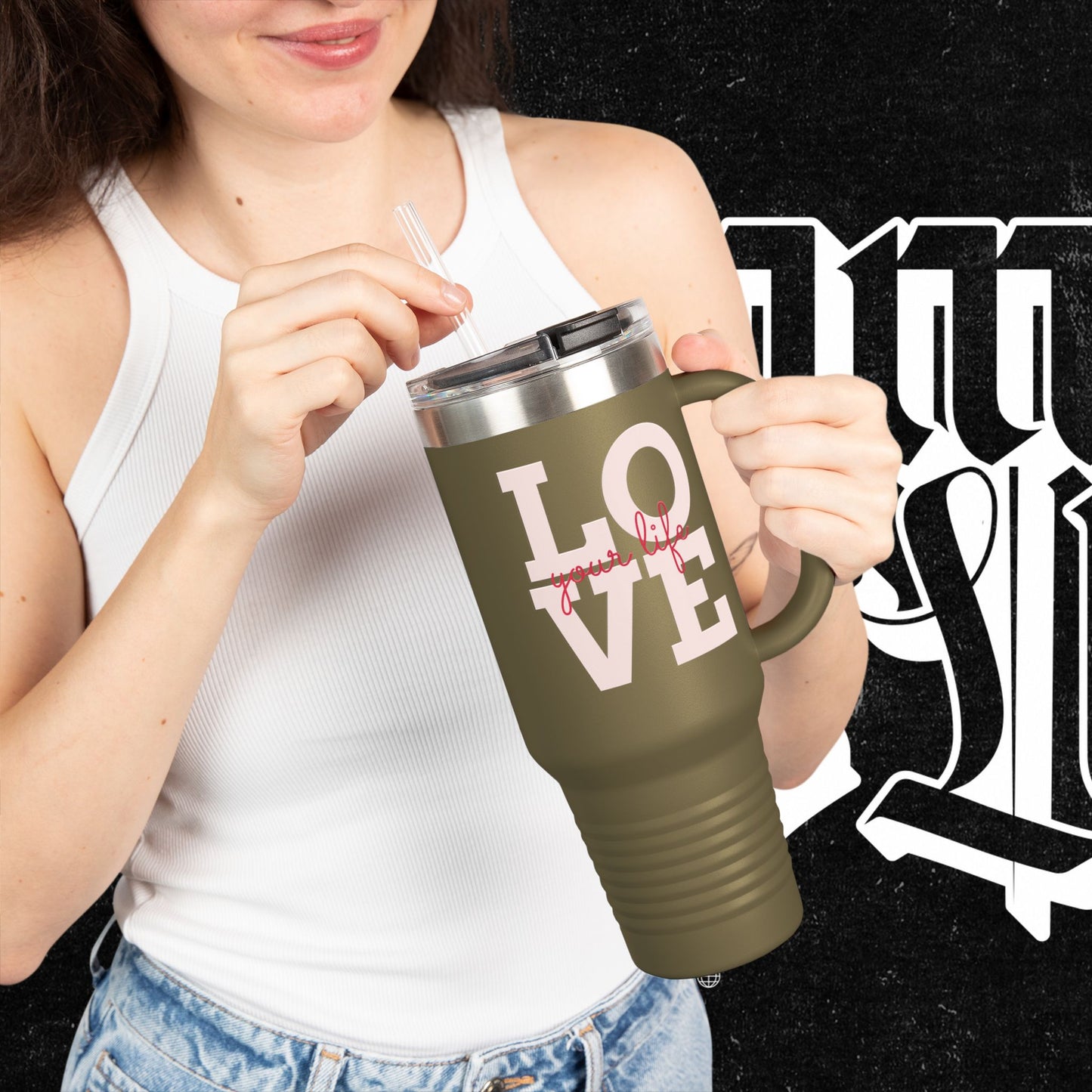 Love Your Life Insulated Travel Mug, 40oz - Motivational Coffee Cup for Commuters, Inspirational Tea Tumbler, Positive Energy Drinkware,