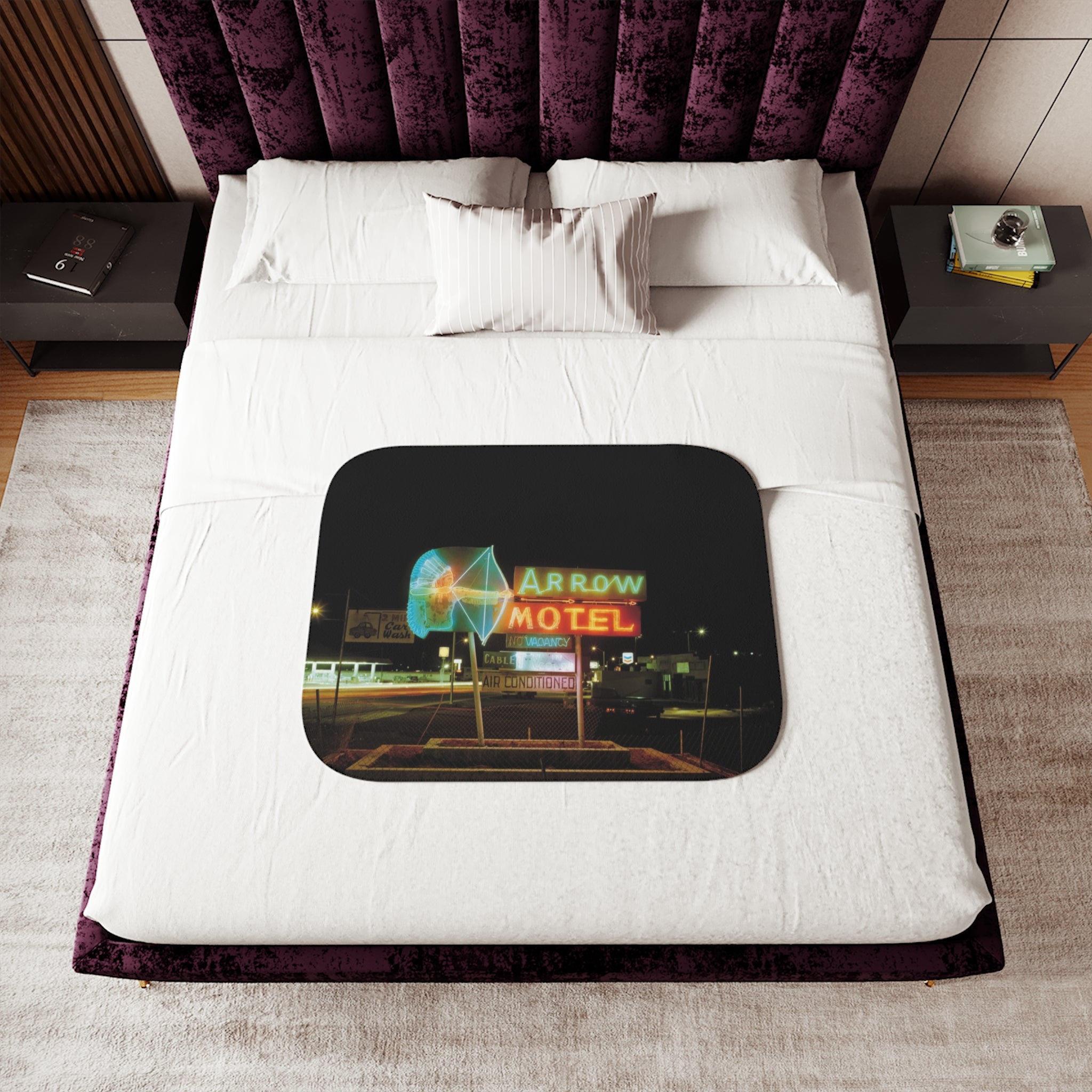 Neon Arrow Motel Sherpa Blanket — Retro Neon Sign Cozy Throw