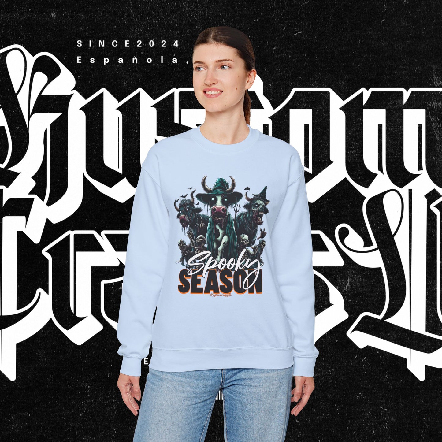 Spooky Cow Season Crewneck Sweatshirt, Halloween Apparel, Unisex Halloween Sweatshirt, Cozy Fall Fashion, Unique Gift Idea