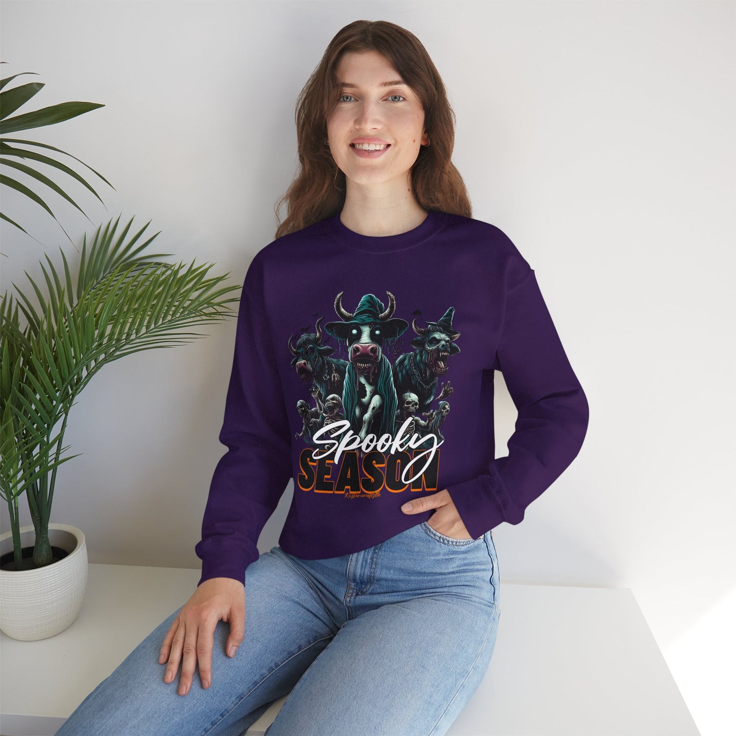 Spooky Cow Season Crewneck Sweatshirt, Halloween Apparel, Unisex Halloween Sweatshirt, Cozy Fall Fashion, Unique Gift Idea