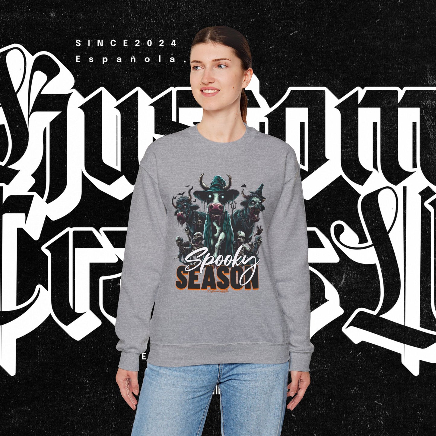 Spooky Cow Season Crewneck Sweatshirt, Halloween Apparel, Unisex Halloween Sweatshirt, Cozy Fall Fashion, Unique Gift Idea