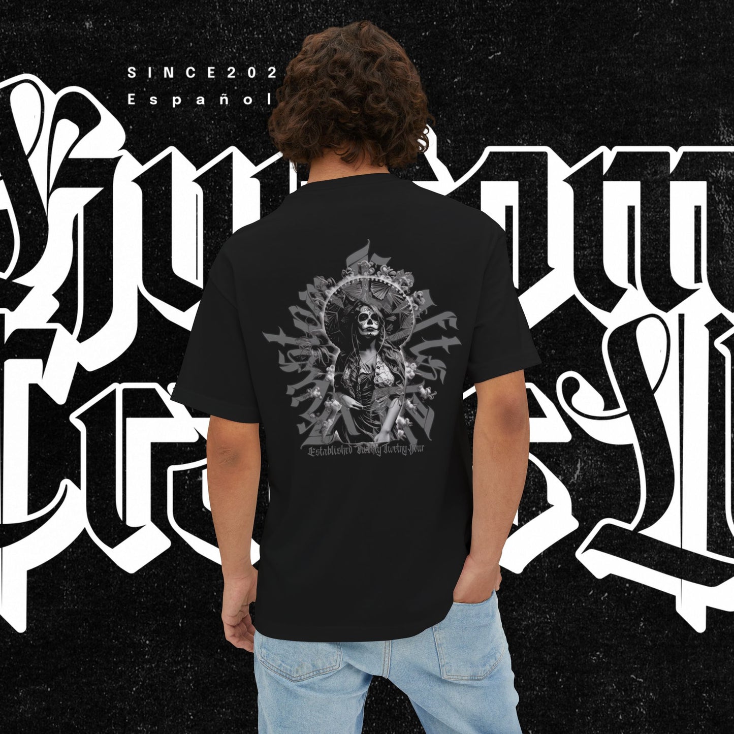 Dia De Los Muertos Oversized Boxy Tee - Gray Wash