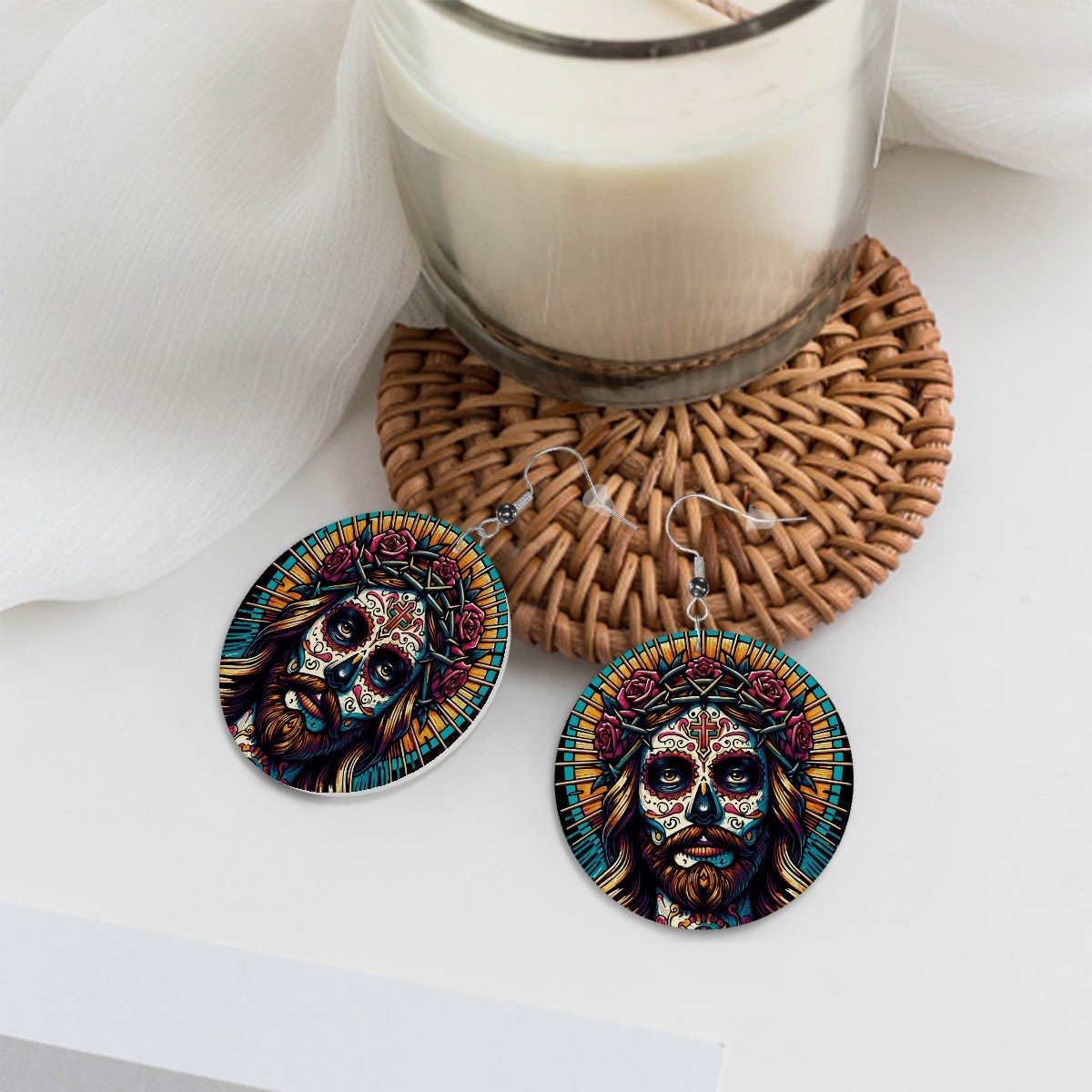 Jesucristo Dia De Los Muertos - Leather Round Earrings