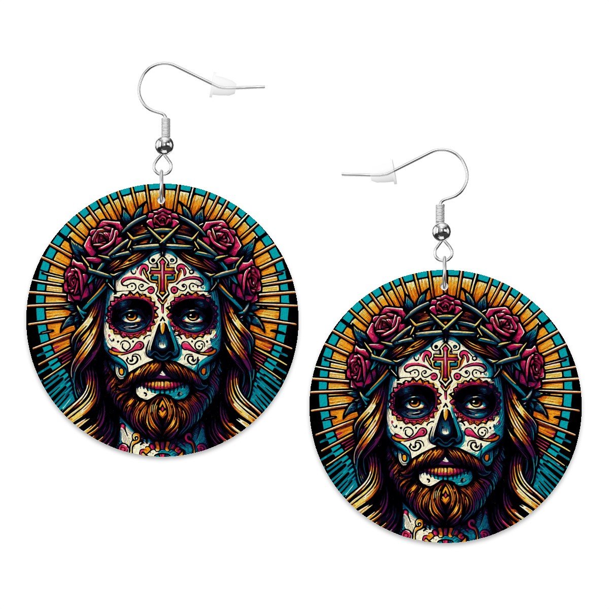 Jesucristo Dia De Los Muertos - Leather Round Earrings