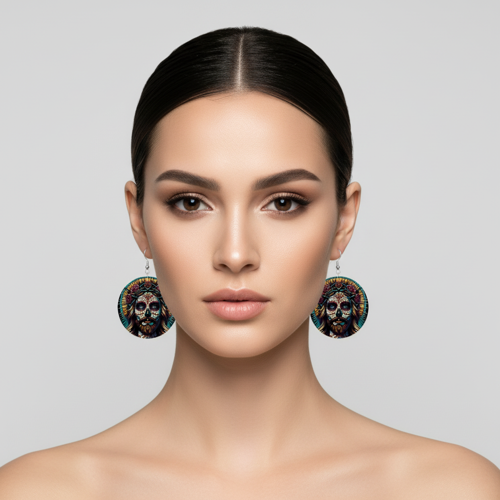 Jesucristo Dia De Los Muertos - Leather Round Earrings